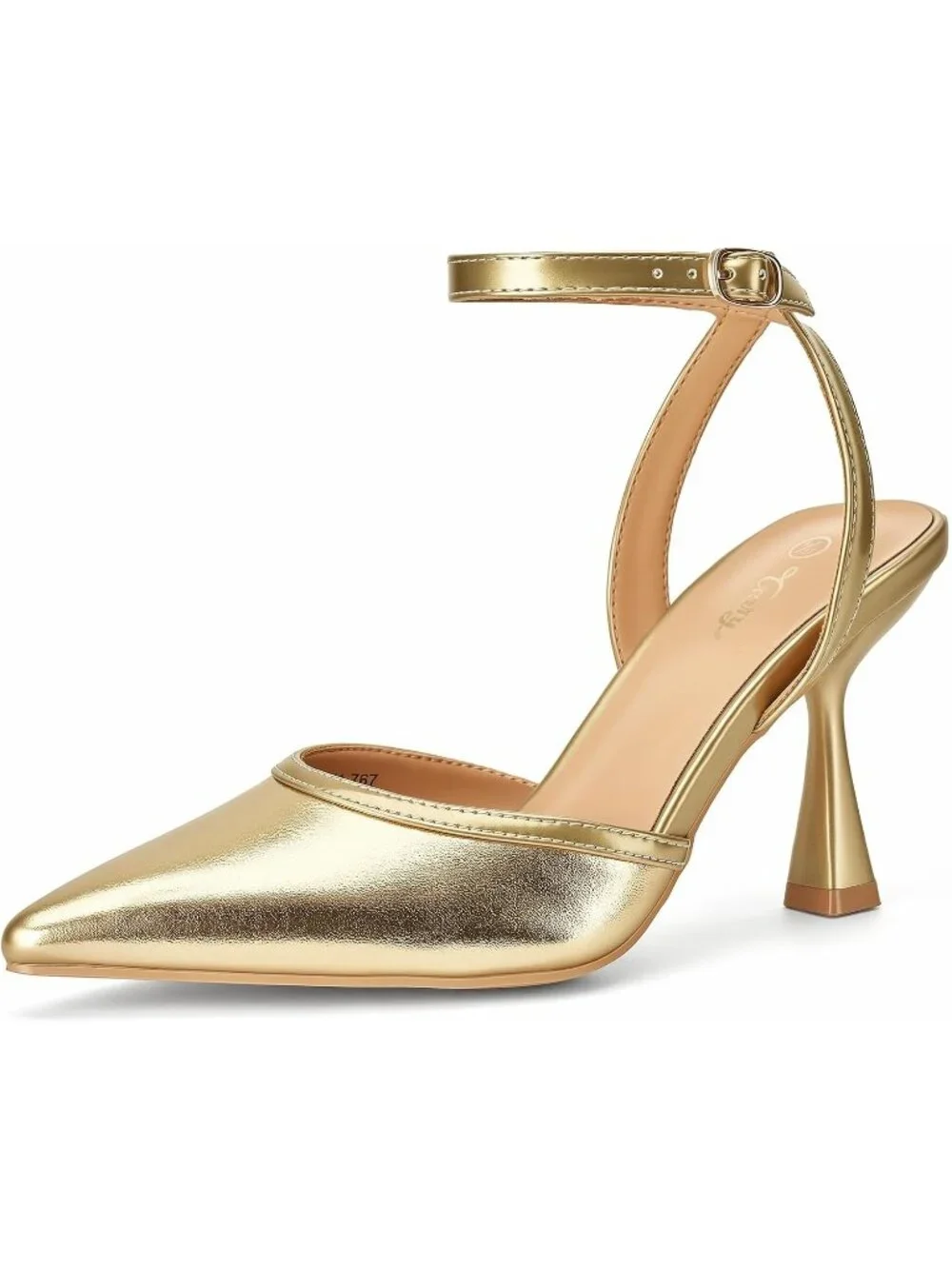 Women's Gold Pu Slingback Pointed Toe Stiletto Heels Ankle Strap Dress Shoes
